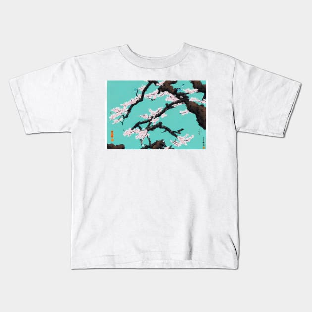 Green Cherry Blossom Shodo Artwork Kids T-Shirt by adorcharm